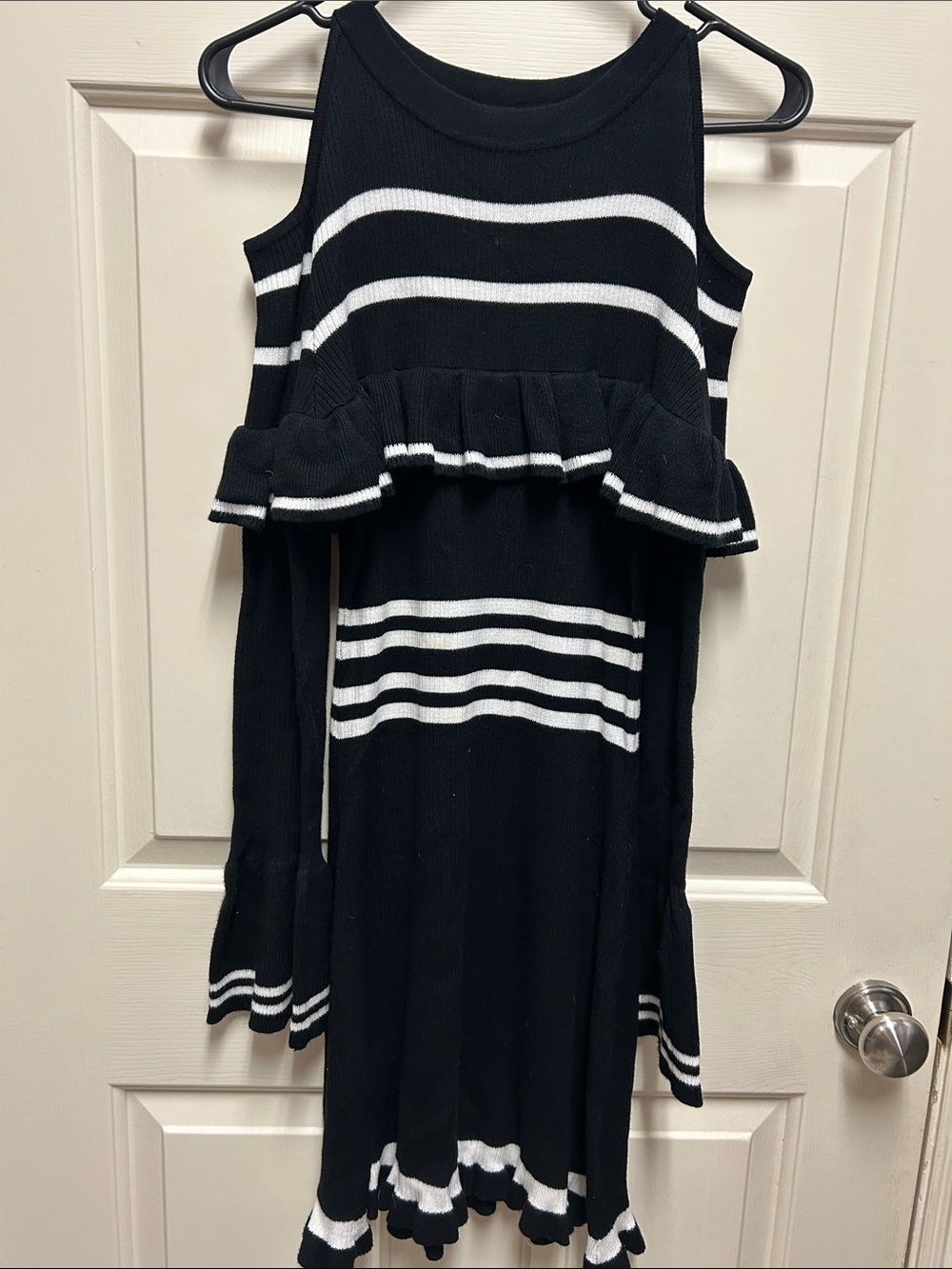 VENUS Black and White Striped Cold-Shoulder Midi Dress